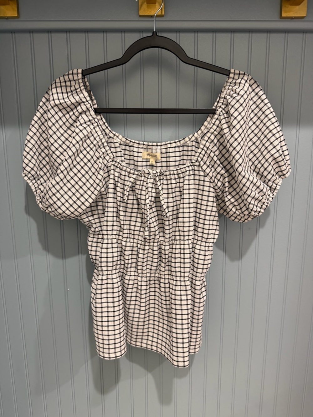 Madewell Black and White Windowpane Puff Sleeve Top